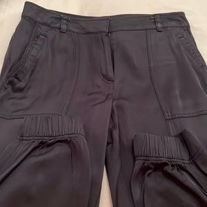 Blue shiny joggers LOFT and black short shirt Med Lou and Grey bought together